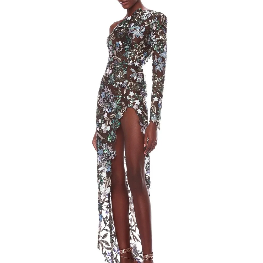 New Sexy Strapless Floral Sequin Long Dress Women Luxury Sequins Flower Backless Long Slim Dress Evening Party Runway Gown Dress