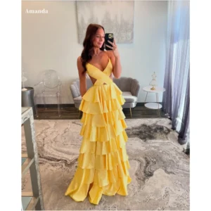 Amanda Customized Golden Emulation Silk Strapless Prom Dresses Backless vestidos de noche Floor-Length Sleeveless Formal Evening