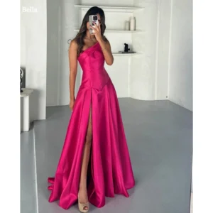 Bella Customized Rose Red Slanted Shoulders Side Slit robes de soirée Satin A-line Party Dresses Floor-Length Prom Dress 2025