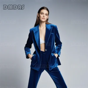 High Quality Velvet Suit Set for Women, Royal Blue Soft Single Button Blazer and Solid Straight Pants, Customized Formal Tuxedo