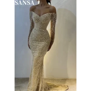 Sansa Elegant A-Line Beading Satin Evening Dress Customized Floor-Length Off Shoulder Wedding Dresses V Neck Vestidos De Fiesta